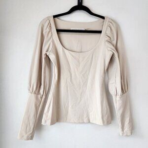 Susana Monaco Beige Blouse Square Neck Stretch Long Cuff Puff Sleeves Women's S